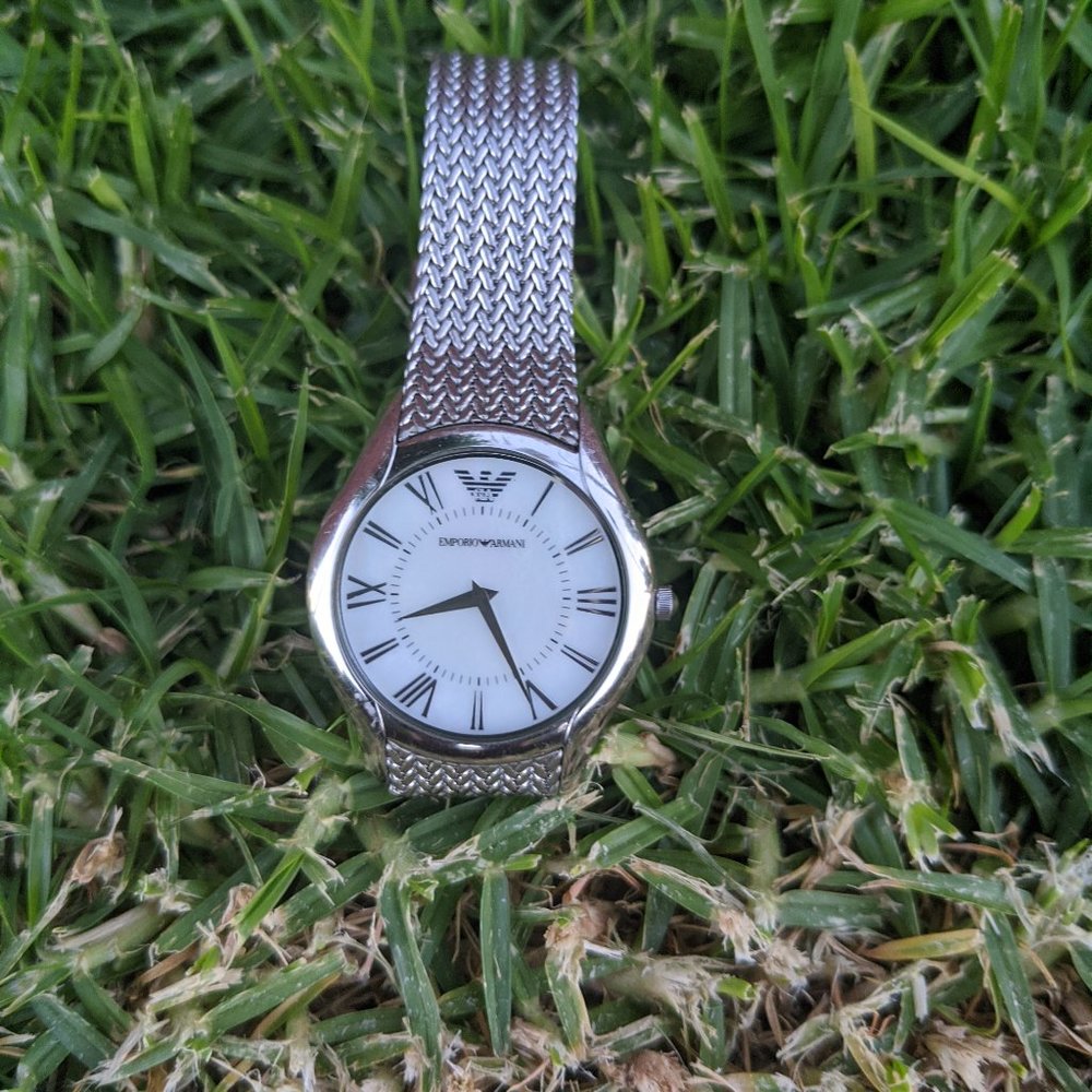 Emporio Armani Pearl Dial Silver Mesh Watch
